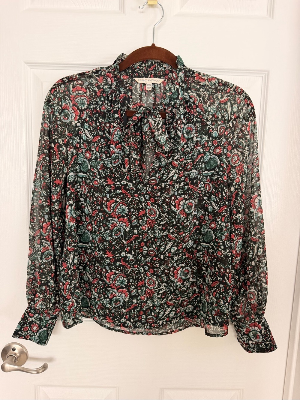 Rebecca Minkoff Black Floral Tie-Neck Blouse